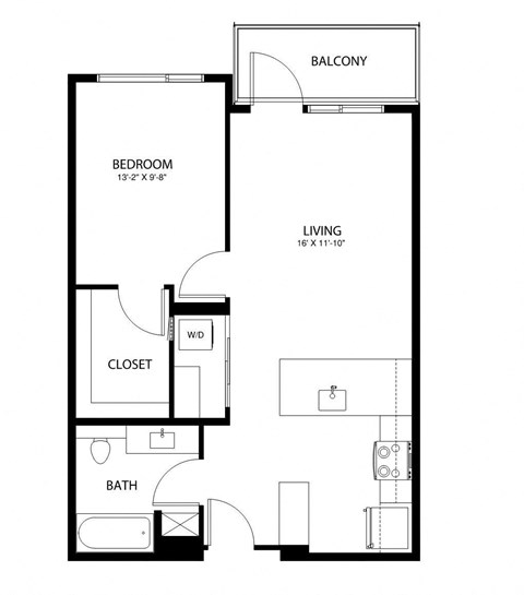 A black and white image of a floor plan for a bedroom, living room, closet, and bathroom.
